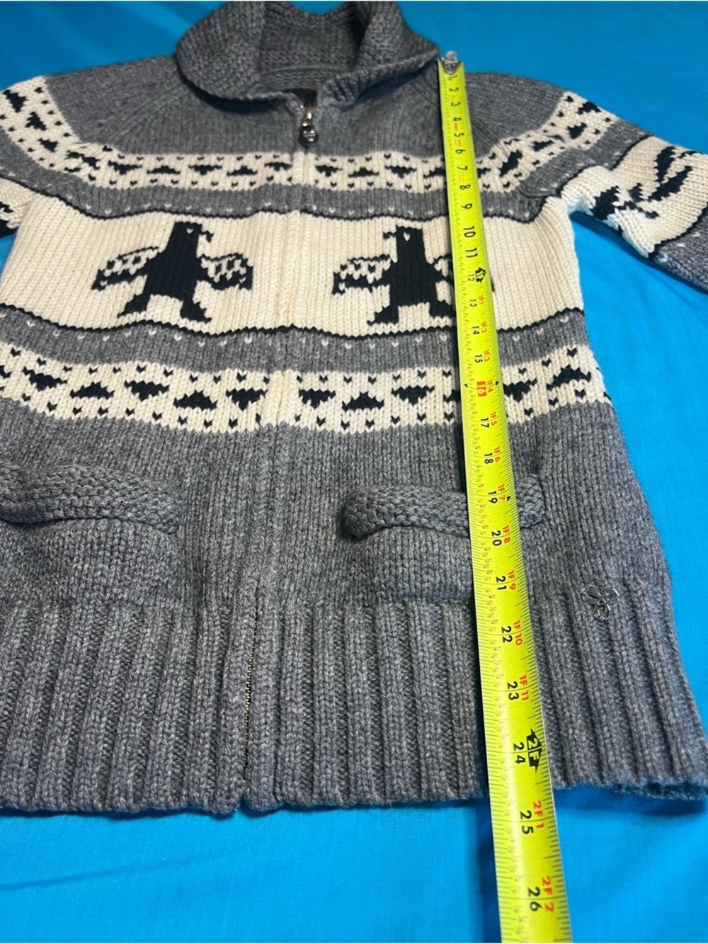 TNA Sea to Sky Cowichan Style Intarsia Lambswool Shawl Collar Sweater L - Picture 9 of 16